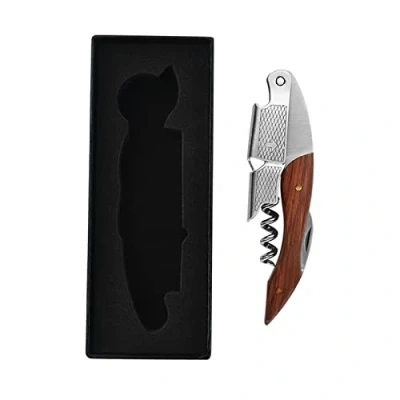 Immagine di Cavatappi professionale in acciaio inox e palissandro, per bottiglie di vino, 3 1, inox, robusto robusto, manico vero legno con tagliafiloni