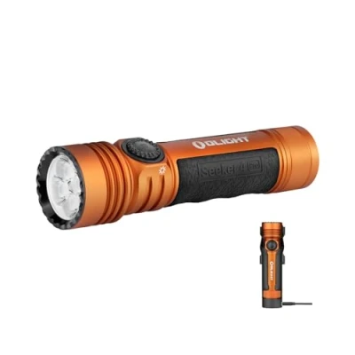 Immagine di OLIGHT Seeker 4 Pro Torcia Ricaricabile Professionale Luce LED, Alta Potente 4600 Lumen, Impermeabile Due Modalità per Escursionismo, Campeggio Esterno e Uso di Emergenza (CW, Arancione)