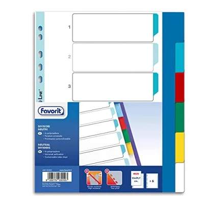 Immagine di Favorit 400132503 Divisori con Foratura Universale per Raccoglitori ad Anelli 6 Tacche Neutre Colorate, Formato Interno 23 x 29.7 cm, in Polipropilene (Materia Plastica Atossica)