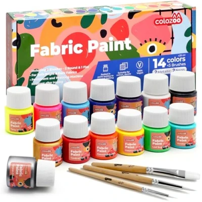 Immagine di colozoo Vernice tessile Resistente alla Lavatrice 14x20ml Set di Vernici per tessuti Inc. Oro, argento e 2 colori neon 3 pennelli scuri chiari
