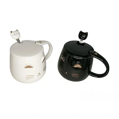 Immagine di lachineuse DUO TAZZE GATTO KAWAII NERO e BIANCO Con Coperchio Cucchiaio
