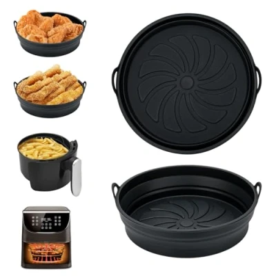 Immagine di Alyvisun Teglie Per Friggitrice ad Aria, 2 Pezzi Teglia Accessori in Silicone Air Fryer Contenitori Cestello Riutilizzabile Rotondo Tappetino Stampi Airfryer, Microonde, Forno (Nero)