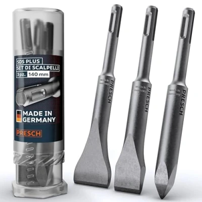 Immagine di Presch SDS plus Set di scalpelli 3 pezzi completo piatti, larghi e a punta Punte estremamente robuste durature (lunghezza 140 mm) per colpi potenti