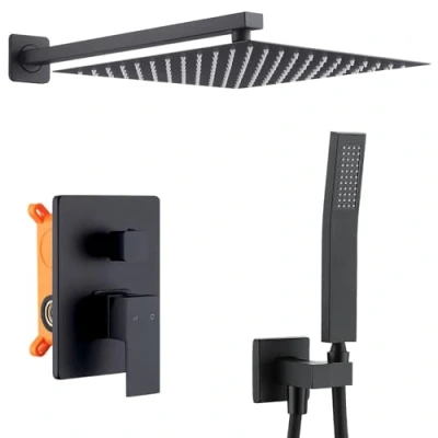 Immagine di HOMELODY Sistema doccia a incasso, colore nero, con soffione da 30 cm x cm, corpo in ottone