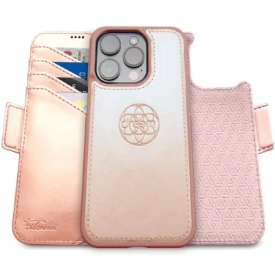 Immagine di dreem Fibonacci compatibile con iPhone 16 Pro custodia a portafoglio/custodia antiurto 2 in 1 e folio pelle vegana staccabile, MagSafe, protezione RFID [Rosa]