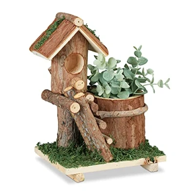 Immagine di Relaxdays Casetta per Uccelli con Vaso, Decorazione Portavaso Muschio, Rustica, Interni &amp; Esterni, Marrone, Legno, 1 Pz