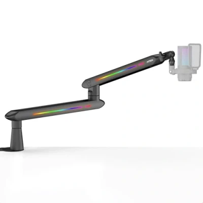 Immagine di IXTECH braccio a basso profilo RGB per microfono, supporto regolabile microfono con morsetto montaggio da tavolo, girevole gestione dei cavi podcast streaming