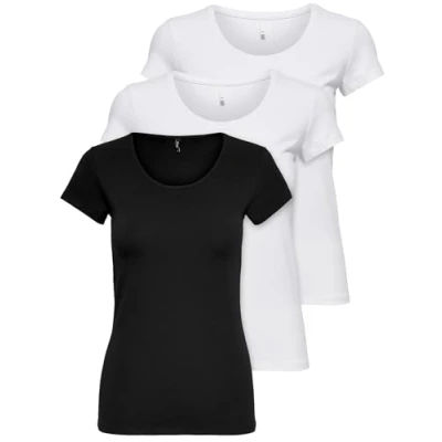 Immagine di ONLY 15209153 Confezione da 3 magliette donna a maniche corte basic, essenziali, estive, nero o bianco, Mix 2 colori., XL
