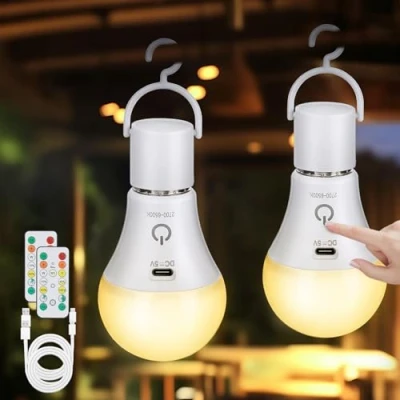 Immagine di Kimjo Lampadina Ricaricabile USB C Con Telecomando Batteria 7W 3 Colore Dimmerabile E27 Senza Fili Touch Control Funzione Temporizzazione Luci Di Emergenza 2 Pack
