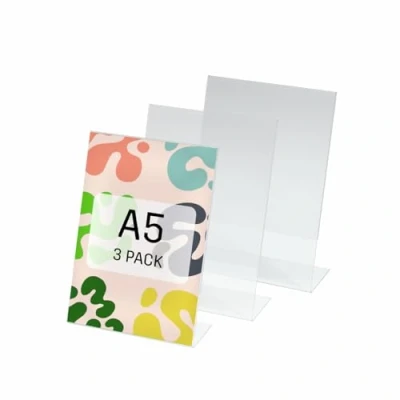 Immagine di SY112 Porta avvisi da tavolo / brochure banco, con base a L, acrilico, per A5, 3 pz