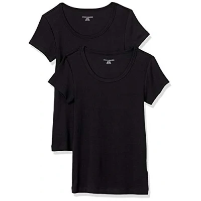 Immagine di Amazon Essentials T Shirt Aderente con Maniche Ad Aletta e Scollo Ampio Donna, Pacco da 2, Nero, XS