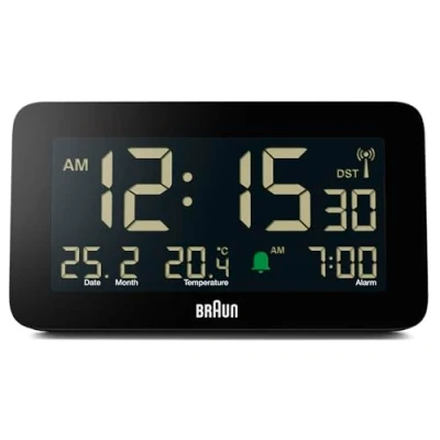 Immagine di Braun Sveglia digitale visualizzazione di data, mese e temperatura, display LCD negativo, impostazione rapida, allarme acustico in crescendo, nero, modello BC10B.