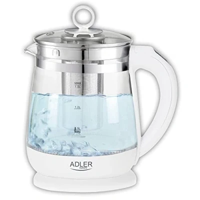 Immagine di ADLER AD 1299 Bollitore in Vetro Elettrico, Capacità 1,5 L, Controllo della Temperatura da 60 a 100 C, Infusore Tè, Interno illuminato, senza Fili, BPA, Spegnimento Automatico, 2200W