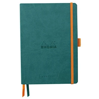 Immagine di RHODIA 117806C Taccuino flessibiIe BULLET JOURNAL GOALBOOK pavone A5 Puntinato Dot 240 pagine Carta Clairefontaine Avorio 90g 2 Segnapagina, Chiusura con elastico Copertina Simil Cuoio