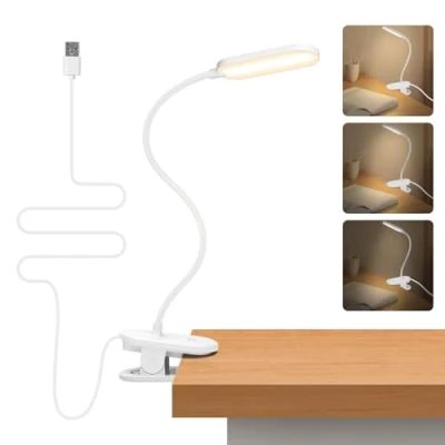 Immagine di Aigostar Lampada da Lettura a Clip con Braccio Flessibile Regolabile 360, Luce Letto 3 Modalità Luminosità, Scrivania LED 4000K Naturale che Protegge Occhi,Bianco