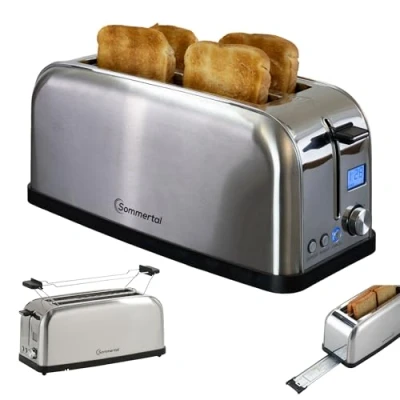 Immagine di Sommertal Tostapane ST1500 XXL, 4 fette con inserto per panini, display timer e indicatore di funzionamento residuo, tempo design retrò, slot lungo, in acciaio inox, 1500
