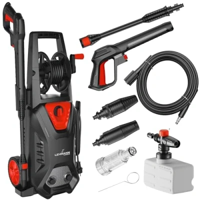 Immagine di LEHMANN Idropulitrice con Pompa in Alluminio 220 Bar 450 l/h di Portata 1800 W Potenza 5 m Tubo Flessibile Pulitore Compatto per Superfici Contenitore Detergenti