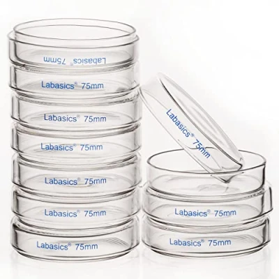 Immagine di Labasics Piastre di Petri in Vetro 10pk, 75x15 mm per Colture Cellulari Borosilicato Autoclavabili con Coperchio Trasparente Laboratorio