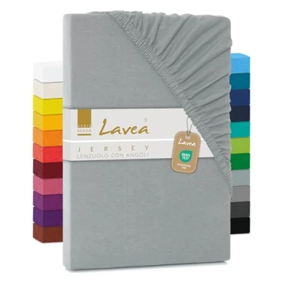Immagine di Lavea, lenzuolo in jersey con angoli, serie Maya, 100% Cotone, lavorazione di alta qualità, elastico, certificazione Oeko Tex 100, argento, 120 x 200 cm