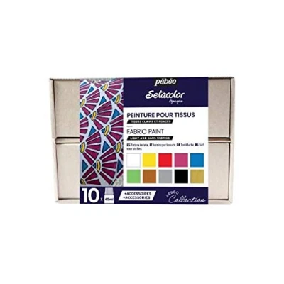 Immagine di Pebeo Cofanetto Collezione Opaco Kit Pittura Tessuti 10 Flaconi da 45 ml Assortiti + 1 Tubetto Setacolor 3D Gloss 20 Nero +1 Pennarello 7A Accessori Guida Creativa