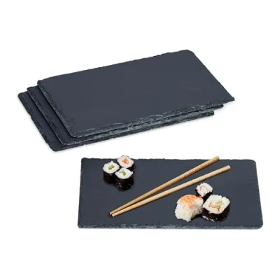 Immagine di Relaxdays Piatti in Ardesia, Set da 4 Vassoio per Servire e Scrivere, Tavolette Buffet, Gommapiuma, Antracite, 26 x 16 cm