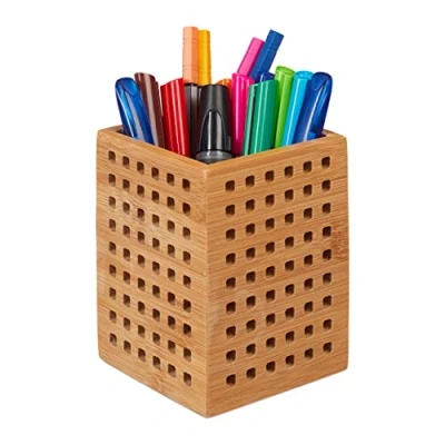 Immagine di Relaxdays Portapenne in bambù, Portaoggetti per Oggetti di Cancelleria, Perforato Stile Rustico, 11,5 X 9 Cm, Naturale