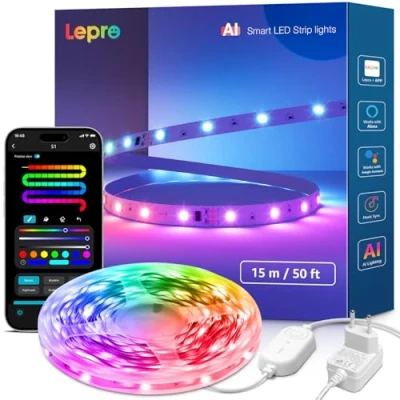 Immagine di Lepro Striscia LED 15 Metri, Smart Funziona con Alexa,Google Assistant,APP, Strisce Camera da Letto,Luci Controllo Vocale,DIY Segmentato Sync Musicale Luminosa per Bar Giochi