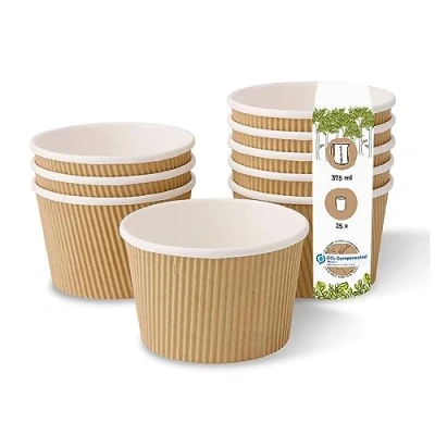 Immagine di BIOZOYG Tazza per Zuppa da Asporto Stoviglie Monouso I di Cartone Kraft Ondulata Bicchiere con realizzato barriera interna a base d&#039;acqua 25 Coppette Compostabili 375 ml