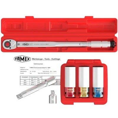 Immagine di FAMEX 10886 3N KS Chiave dinamometrica 1/2&quot; (12,5 mm), 30 210 Nm con certificato di calibrazione, set risparmio inserti per viti ruote, auto, furgone