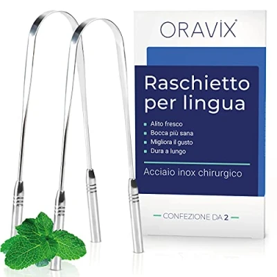 Immagine di Pulisci lingua in acciaio inox Confezione da 2 Raschietto Contro l’alito cattivo e per una corretta pulizia della Spazzolino ORAVIX