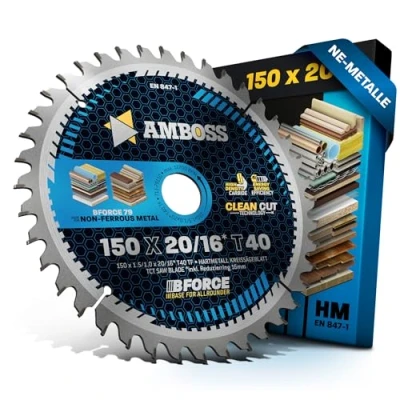 Immagine di lama per sega circolare HM 150 x 20 16 Z40, dentata piatta trapezoidale alluminio. AMBOSS WERKZEUGE® mm + anello riduttore mm. compatibile con Bosch GB 1923. GKS