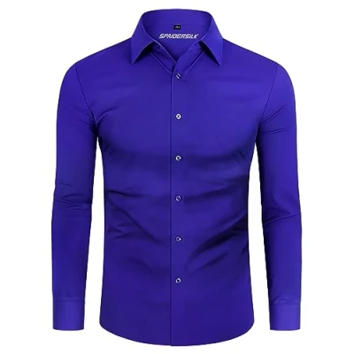 Immagine di DEMEANOR Camicia da uomo elasticizzata, a maniche lunghe, per il tempo libero, slim fit, uomo, lavoro, non necessita di stiratura, Blu, L