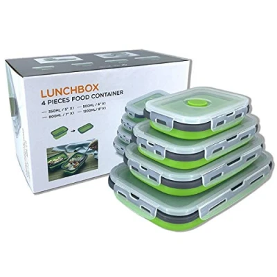 Immagine di Beeptrum Contenitore per alimenti in silicone pieghevole con coperchio, portatile, salvaspazio, adatto al microonde, lavastoviglie e congelatore, set di 4 (Verde)