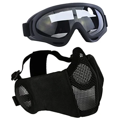 Immagine di Aoutacc Set di accessori protettivi per softair, maschera a metà viso in rete con protezione le orecchie, e occhialini CS / caccia paintball tiro, Nero