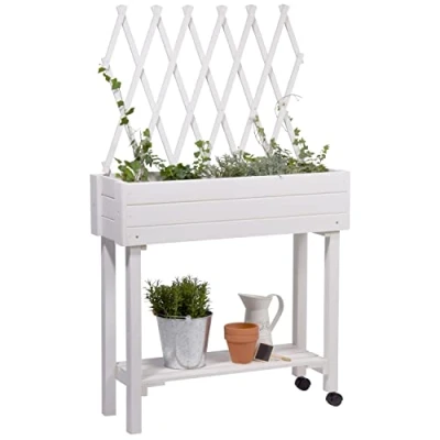 Immagine di dobar® 58186e aiuola rialzata arrotolabile con traliccio Fioriera su ruote in legno massiccio sottile per giardino/terrazze/balcone 79 x 28,5 130 cm bianco