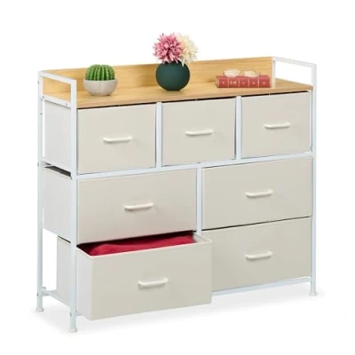 Immagine di Relaxdays Cassettiera Camera da Letto, Comò con 7 Cassetti in Tessuto, HLP: 85x100x30,5 cm, Settimino, Beige Bianco, Fibra di Legno
