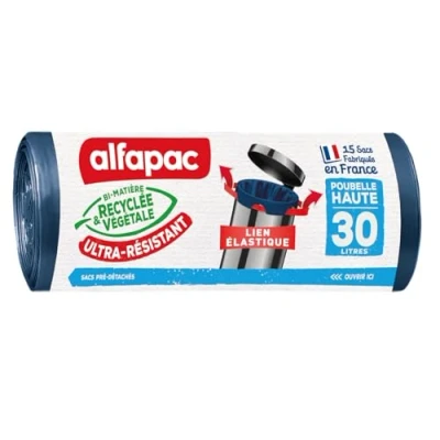 Immagine di alfapac 15 sacchetti per la spazzatura 30 l con legame elastico ultra resistente fabbricati in Francia Bimateriale riciclato e vegetale