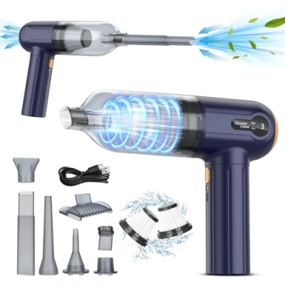 Immagine di Tiazhan aspirapolvere manuale, 15000 Pa, potente a mano, 4 in 1, leggero soffiatore di polvere e aspirapolvere, display LED, mini ricaricabile USB, per auto (Blu)