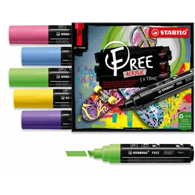 Immagine di Marker acrilico STABILO FREE Acrylic T800C Punta a scalpello 4 10mm Seaside Edition Astuccio da 5 Colori assortiti