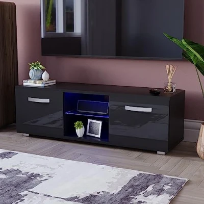 Immagine di Vida Designs Cosmo Mobile TV 2 Ante in Pannello di Fibra a Media Densità, Stile Moderno, Lucido, Colore: Nero, 120 cm, LED Lights, H 38 x L P 40 cm Circa