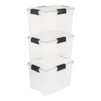 Immagine di Iris Ohyama, Scatole Portaoggetti Ermetiche in Plastica, 20L, Set di 3, Trasparente, Coperchio Impermeabile, con Chiusura, Impilabile, Per Esterni, Garage, Vestiti, Antipolvere, Senza BPA, DDAT SD