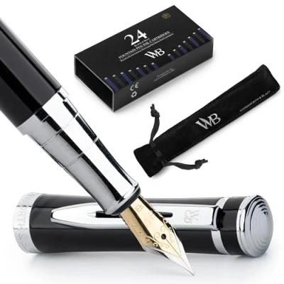 Immagine di Wordsworth &amp; Black Set penna stilografica, pennino extra fine, include 24 cartucce d&#039;inchiostro, convertitore di ricarica inchiostro e custodia regalo, finitura cromata, calligrafia, [cromo nero]