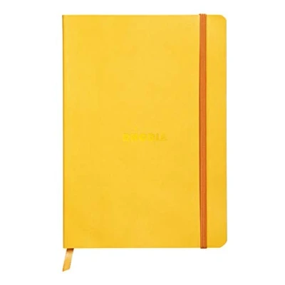 Immagine di RHODIA 117416C Taccuino flessibile giunchiglia A5 a righe 160 pagine Carta Clairefontaine Avorio 90 g/m Segna pagina, Chiusura con elastico Copertina Simil Cuoio Collezione Rhodiarama