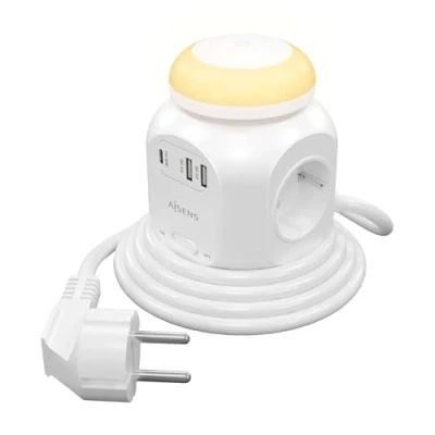 Immagine di AISENS ASPS 2A1CLPQ02 W Multipresa da tavolo multifunzione con 4 prese + 1Xusb C 20W Pd3.0, 2Xusb A 18W Qc3.0, luce notturna, 1,8M, bianco