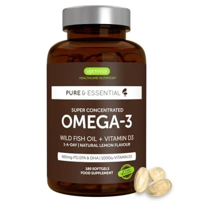 Immagine di Omega 3 e Vitamina D3 1000ui, Ifos Certificato 5 Stelle, Olio di Pesce rTG 440 mg EPA 220 DHA in Forma Trigliceride, 1 al Giorno, 180 Capsule, Ultra Puro Alto Assorbimento Igennus