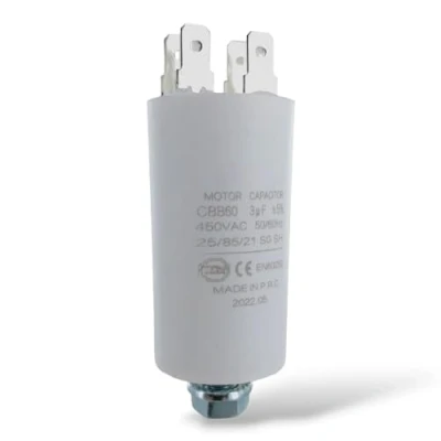 Immagine di DEKAROX condensatore universale 3µF 450 V Ø30 x 57 mm con bande AMP da 6,3 mm, vite di fissaggio M8 CBB60, avviamento e funzionamento per elettrodomestici