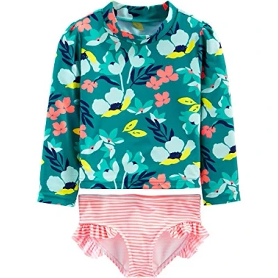 Immagine di Simple Joys by Carter&#039;s 2 Piece Assorted Rashguard Sets Rash Guard Set, Rosa Righe/Verde Floreale, 3 Anni Bimba