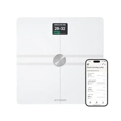 Immagine di WITHINGS Body Comp Bilancia pesapersone digitale WiFi con analisi corporea completa: peso, grasso corporeo, muscolare, acqua e tracciamento cardiovascolare, impedenziometrica, bianco