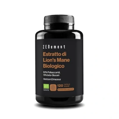 Immagine di Lions Mane Bio, 120 Capsule vegane Hericium Erinaceum Mushroom con 50% di Polisaccaridi e 15% beta Glucani Integratori Funghi Senza Glutine Latticini Zenement