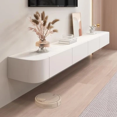 Immagine di Ribanedy Mobile TV Sospeso Moderno a Parete in Legno Massello con Contenitore, Consola Multimediale per Soggiorno e Camera da Letto (Bianco, 160 cm)
